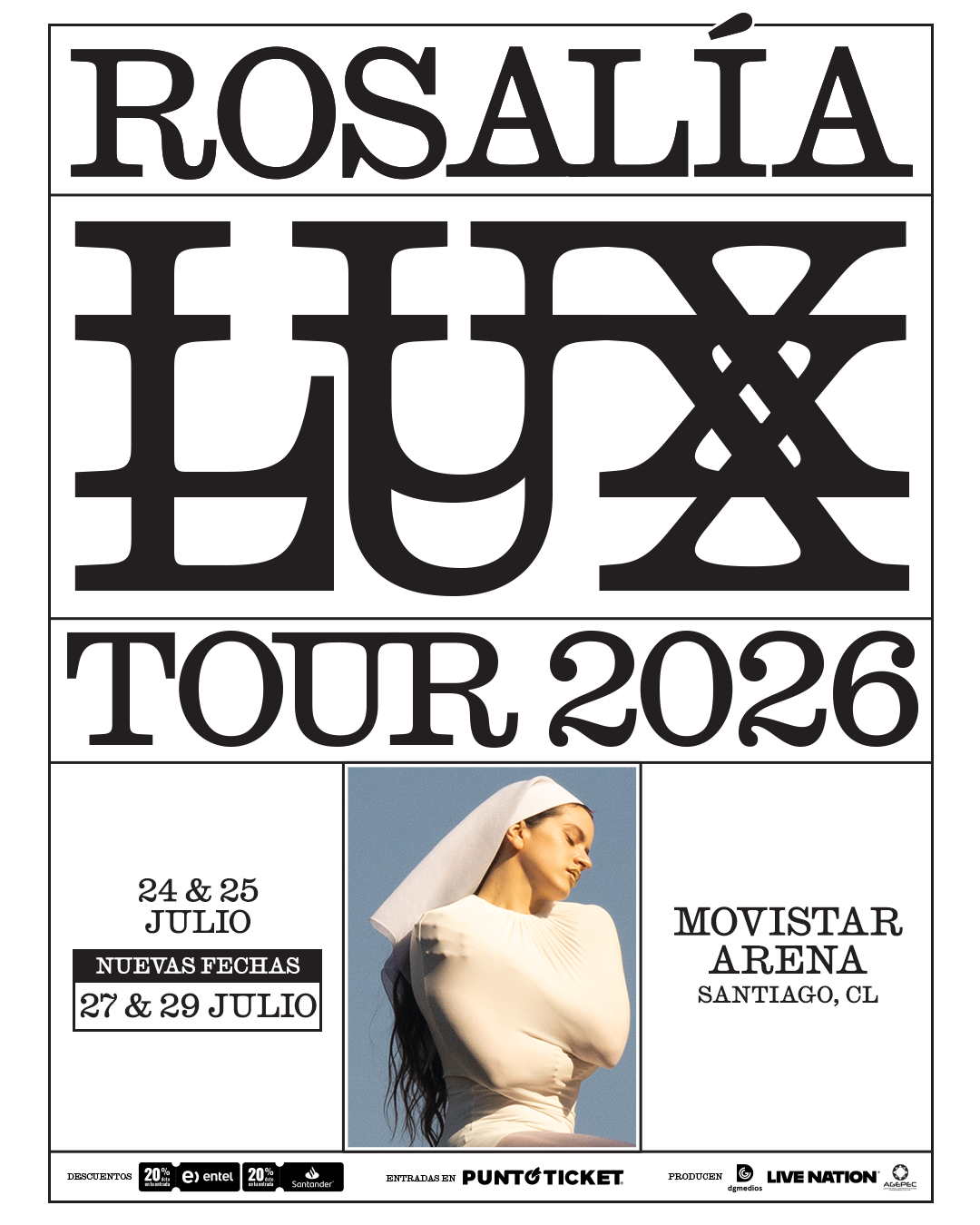 Afiche de Rosalía LUX Tour 2026 en Chile, 29 de julio
